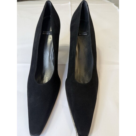 Stuart Weitzman Black Suede Heels 7.5 AAAA Pointed Toe Pumps Leather Sole Spain - Picture 5 of 8